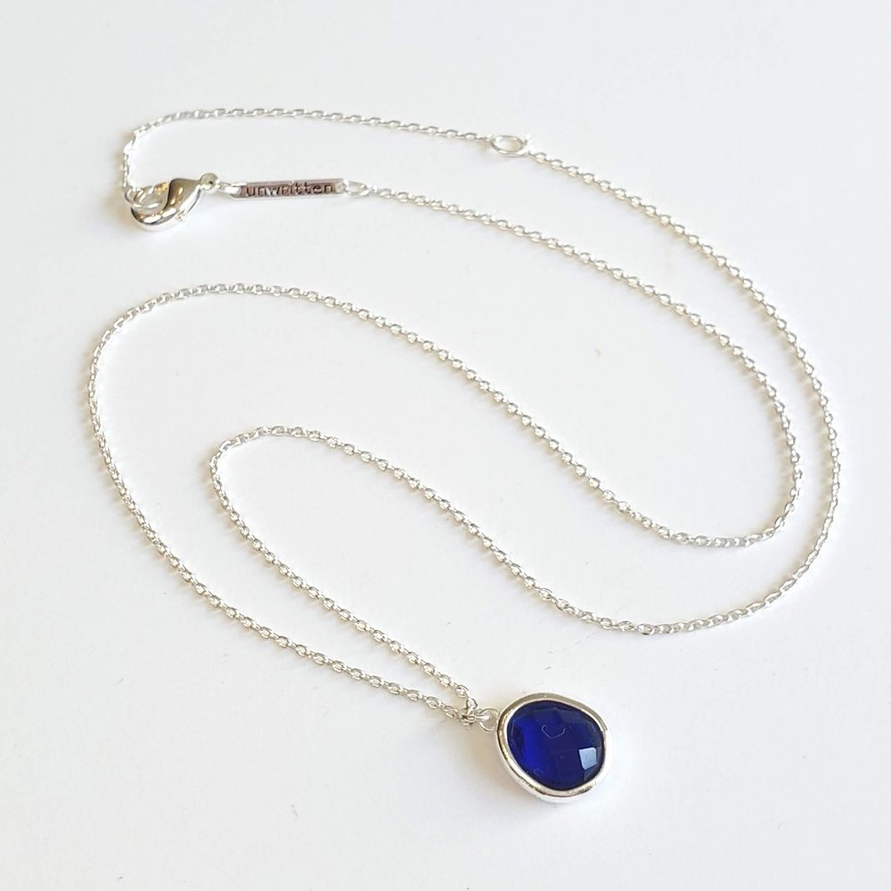 UNWRITTEN  Silver Plate & Faceted Blue Crystal Necklace